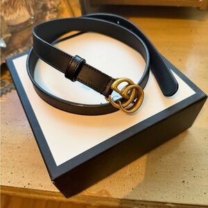 Gucci GG Marmont Thin Black Leather Belt with Gold Buckle 75